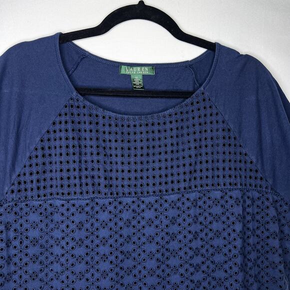 Plus Sized LAUREN RALPH LAUREN Navy Eyelet Short Sleeve Shirt Size - Picture 2 of 8